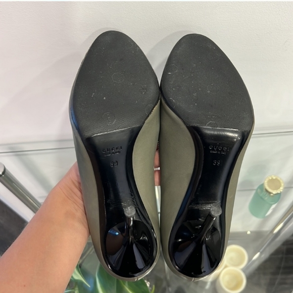 Gucci Micro'soft olive military army green leather open toe heels pumps shoes 8 - Picture 7 of 7